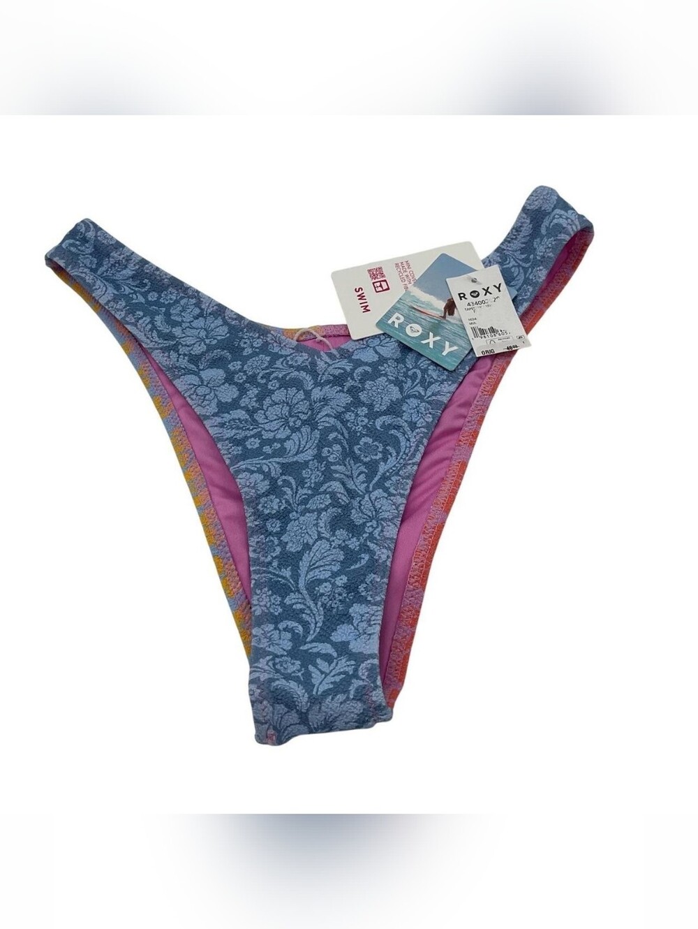 Roxy Blue Floral High-Cut Bikini Bottom with Pink Trim